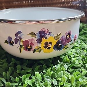 Vintage Enameled Metal Pansy Floral Bowl With Silver Tone Rim